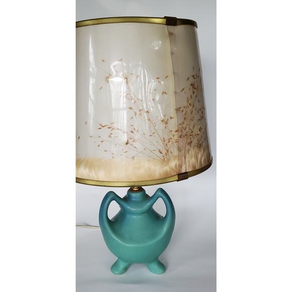 Vintage Van Briggle Blue Lamp with Wildflowers Butterflies Lampshade w/ Stamp - Picture 2 of 16